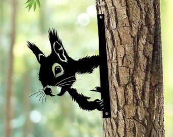 Placa de metal com esquilo em formato de árvore, arte para jardim, decoração de cabana, placa de metal com esquilo, presente para filha, presente para amantes de esquilos, decoração de jardim com tema de esquilo
