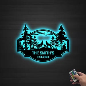 Custom Wolf Howling Metal Led Lights, Wolf Metal Wall Decor Cabin Sign, Family Name Black Wolf Sign, Wolf Sign Dad Gift, Decor Gift for him