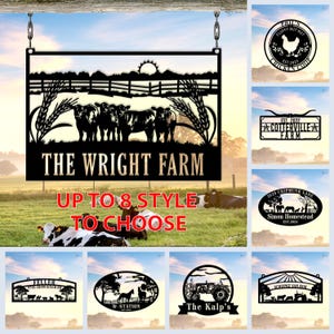 Pode incluir: Placa de metal preta com o texto "THE WRIGHT FARM" e uma silhueta de vacas, trigo e um pôr do sol. Abaixo, o texto diz "UP TO 8 STYLE TO CHOOSE". Placas adicionais com temas de fazenda também são exibidas.