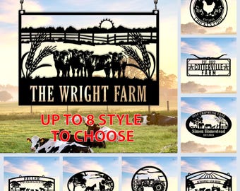 May include: Black metal sign with the text "THE WRIGHT FARM" and a silhouette of cows, wheat, and a sunset. Below, the text reads "UP TO 8 STYLE TO CHOOSE". Additional signs with farm themes are also shown.