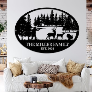 Letrero de metal personalizado con ciervos en el bosque, letrero personalizado con el nombre de la familia de los ciervos, decoración de granja, arte de pared de metal con ciervos de vida silvestre personalizado, letrero de granja, letrero para exteriores