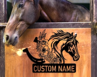 Letrero metálico personalizado con diseño floral de caballo, letrero con nombre de caballo, letrero para rancho de caballos, regalo para amantes de los caballos, decoración de granja, regalo para papá, placa con nombre de caballo