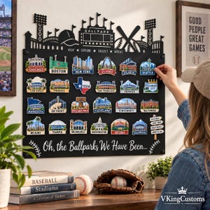 May include: A black metal wall display board featuring a stadium silhouette top, the text "VISIT EXPLORE COLLECT REPEAT" and "Oh, the Ballparks We Have Been...", and multiple colorful magnetic city and stadium icons arranged in a grid pattern.