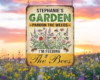 Enseigne personnalisée Bee Garden, Pardonnez les mauvaises herbes, je nourris les abeilles, décoration de jardin de fleurs sauvages, cadeau pour maman, enseigne de fleurs sauvages, décoration d'abeilles pollinisateurs