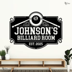 Gepersonaliseerde biljart metalen bord kunst aan de muur, aangepast biljartbord, biljart metalen bord biljartbord, biljartkamer decor, verjaardagscadeau