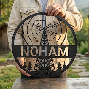 Peut inclure: Panneau métallique noir circulaire représentant une tour radio, une antenne et le nom "NOHAM" dans une bannière. Le panneau comprend également le texte "EST.2026" et deux pins stylisés.