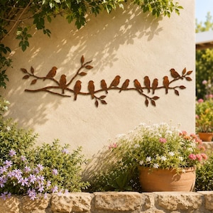 Decoración de pared con forma de rama y pájaro oxidado, letrero metálico plano 2D para jardín exterior.