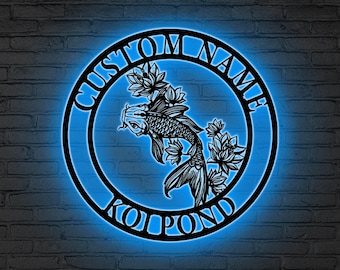 Letrero metálico personalizado de estanque koi con LED, arte mural de peces japoneses personalizado, decoración de jardín zen al aire libre, decoración de peces koi, decoración de estanques, decoración del hogar