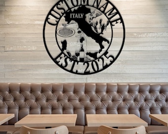 Niestandardowy metalowy znak ścienny z Włoch, włoski znak z jedzeniem, śródziemnomorski wystrój wnętrz, spersonalizowany metalowy znak, wystrój włoskiej restauracji, pizza i wino
