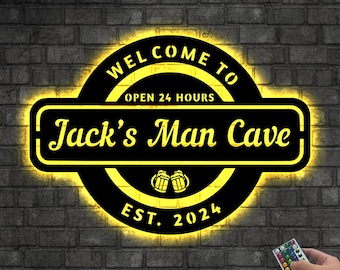 Custom Man Cave Metal Wall Art Led Light, Father&#39;s Day Gift, Gift for Him, Man Cave Decor, Man&#39;s Room Sign, Birthday Gift, Indoor Outdoor