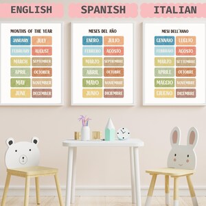 Set of 3 Colorful Months of the Year - Educational Print for Kids in English, Spanish, and Italian, Bilingual & Trilingual Decor - Printable