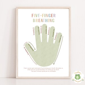Técnica de respiración con cinco dedos, tabla de ejercicios de respiración para niños, póster de respiración tranquila, póster de relajación para niños, herramienta de atención plena