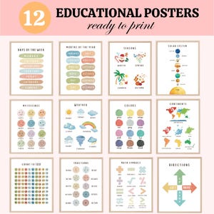Set van 12 educatieve posters voor kinderen: dagen van de week, maanden, seizoenen, zonnestelsel, gevoelens, weer, kleuren, continenten en meer