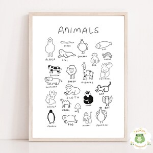 Adorable Hand-Drawn Animal Wall Art Poster | Kids Room Printable Decor | Nursery Animal Illustration | Educational Classroom Animal Poster