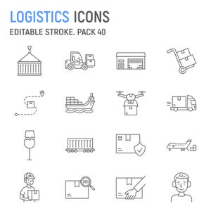 以下が含まれることがあります： 物流に関連する12個の線画アイコンのコレクション。クレーン、フォークリフト、倉庫、手押し車、配送ルート、貨物船、ドローン、配送トラック、割れたガラス、貨車、シールド付きパッケージ、飛行機、配達員、拡大鏡付きパッケージ、処理中のパッケージ、カスタマーサービス担当者など。上部には「LOGISTICS ICONS」と「EDITABLE STROKE. PACK 40」という文字があります。