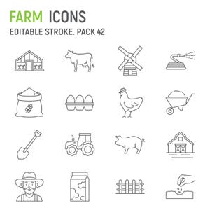 Iconos de línea agrícola: conjunto de 16 iconos vectoriales agrícolas / SVG, EPS, AI - Trazo editable para web y aplicaciones