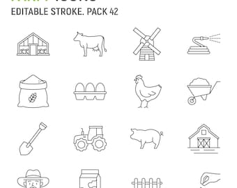 Farm Line Icons – 16 Vector Agriculture Icons Set | SVG, EPS, AI – Editable Stroke for Web & App