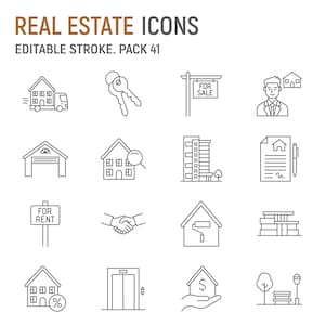 以下が含まれることがあります： 引越しトラック、鍵、"販売中"の看板、不動産業者、ガレージ、虫眼鏡付きの家、アパート、契約書、"賃貸"の看板、握手、ペイントローラー付きの家、モダンな家、パーセント記号付きの家、エレベーター、ドル記号付きの家を持つ手、公園など、線画の不動産アイコンのコレクション。