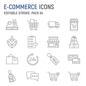 May include: A set of 14 black and white line icons depicting various e-commerce concepts, including a cash register, shopping cart, delivery truck, online store, package, checklist, storefront, gift boxes, shopping bag, 24-hour clock, new tag, credit card, discount tag, chat bubbles, and add and remove cart icons.