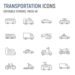 輸送ライン アイコン セット、車両ベクター アイコン、輸送コレクション | SVG、EPS、AI |