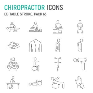 Könnte beinhalten: Ein Satz von 14 Schwarz-Weiß-Linien-Icons, die verschiedene chiropraktische Techniken und Behandlungen darstellen. Die Icons zeigen einen Chiropraktiker, der die Wirbelsäule eines Patienten einstellt, eine Person, die eine Massage erhält, eine Person, die Übungen macht, und eine Person, die eine Massagepistole verwendet.
