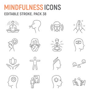 Mindfulness Line Icons – 16 Vector Meditation Icons Set | SVG, EPS, AI – Editable Stroke for Web & App