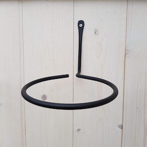 Könnte beinhalten: Schwarzer Wand-Pflanzenhalter aus Metall mit kreisförmigem Design. Der Halter ist an einer hellholzfarbenen Wand befestigt.