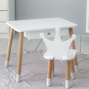 Kids Table and Chair Set, Montessori Furniture, Gift for Kids, Nursery Decor, Handmade Wooden Table with Drawer, White Desk, Kids Chair