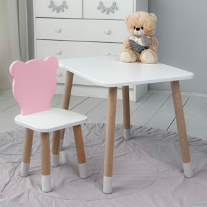 Toddler Table and Chair Set White Table Pink Bear Chair  Gifts for Kids Wooden Table Kids Games Wooden Chair Baby Desk Nursery
