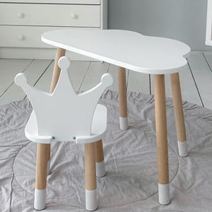Kids Table - Cloud Shaped Montessori Furniture, Unique Gift for Baby Room Decor, Wooden Chair and Writing Desk for Play and Games