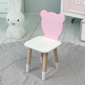 Kids Pink Bear Chair Wooden Baby Stool Child Nursery Armchair Girls Bedroom Stool First Birthday Gift Kids Chair Children&#39;s Armchair