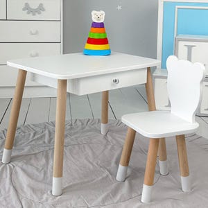 Kids Table and Chair Set, Montessori Furniture, Nursery Decor, White Wooden Table with Drawer, Kids Learning Desk, Birthday Gift, Kids Chair