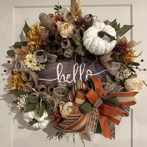 Fall Hello Wreath, Pumpkin Deco Mesh Wreath, Rustic Autumn Door Decor, Thanksgiving Wreath with Bow, Front Porch Fall Wreath