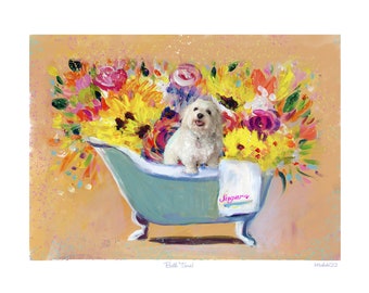 Custom Pet Portrait Print: Dog in Bathtub with Flowers (8x10 Unframed)
