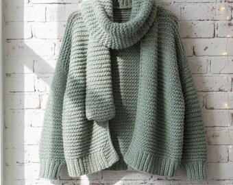 Chunky Knit Cardigan & Cowl Scarf Set - Handmade Oversized Sweater