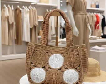 Hand-Knitted Straw Tote Bag, White Dots & Gold Shimmer, Bohemian Beach Bag