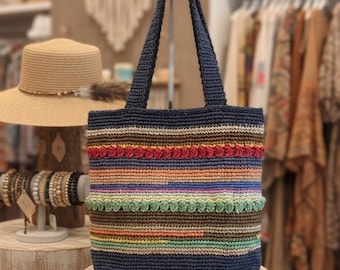 Handmade Colorful Crochet Boho Bag, Sustainable Paper Yarn Tote
