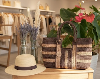 Handwoven Raffia Tote Bag: Striped Straw Summer Bag