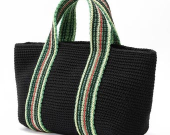 Crocheted Black Paper Straw Tote Bag with Striped Handles – Boho Beach Summer Handbag