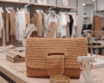 Tan Crochet Clutch Bag: Handmade Wicker Knit Boho Handbag
