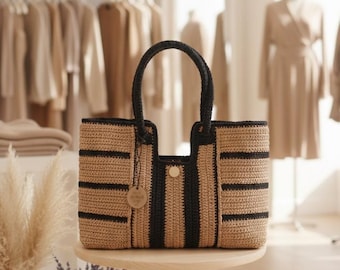 Handmade Crochet Straw Tote Bag: Bohemian Beach Bag