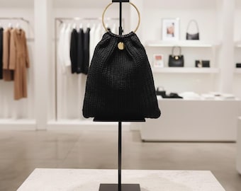 Handmade Black Straw Bag: Gold Ring Handles, Boho Summer Handbag