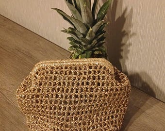 Handmade Shiny Gold Raffia Crochet Clutch: Party Wedding Evening Bag