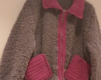 Handmade Boucle Knit Cardigan | Gray & Fuchsia Bomber Jacket