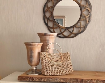 Handmade Shiny Gold Raffia Handbag: Crochet Hoop Handle Clutch