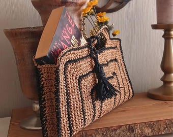 Handmade Woven Raffia Clutch Bag: Boho Tassel Bag
