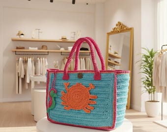 Handmade Crochet Beach Tote Bag: Sea Theme Decor