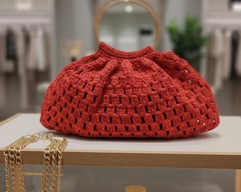Handmade Red Straw Bag: Gold Ring Handles, Boho Summer Handbag