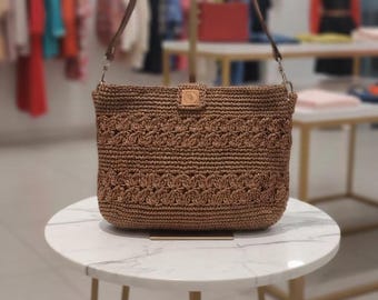 Hand-Crocheted Straw Shoulder Bag, Brown Leather Strap Tote, Boho Summer Purse