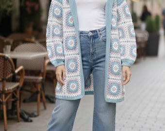Handmade Granny Square Cardigan, Hooded Boho Crochet Jacket, Mohair Wool Blend, Turquoise Pink Cream